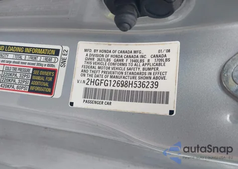 2008 Honda Civic Lx из США, поврежденный, VIN 2HGFG12698H536239